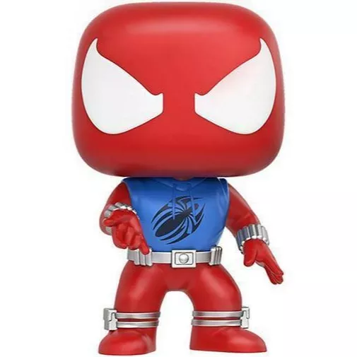 Figurine Funko Pop Scarlet Spider (n°187), costume rouge et bleu, logo araignée, ceinture argentée
