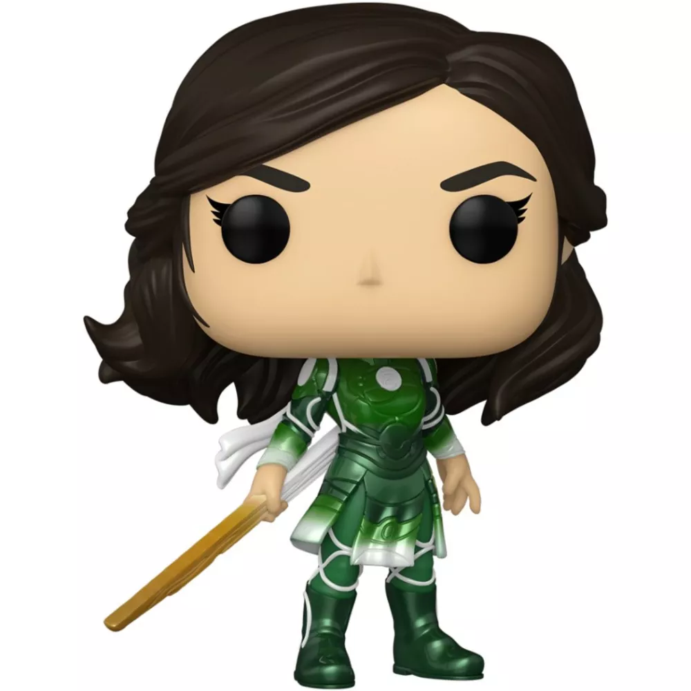 Figurine Funko Pop Sersi (n°728), cheveux bruns, armure verte et blanche, bâton en main