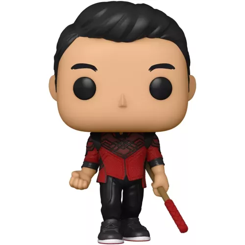 Figurine Funko Pop Shang-Chi (n°844), tenue rouge et noire, bâton rouge en main