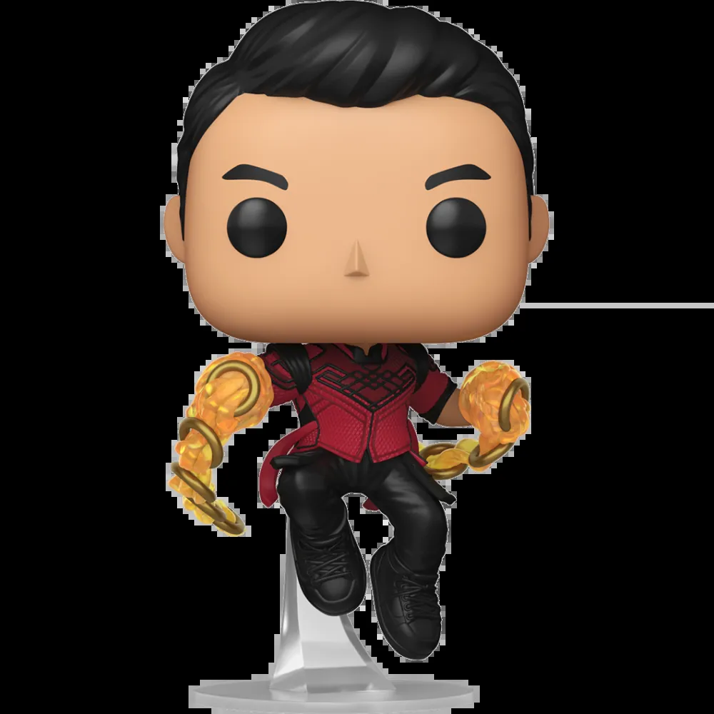 Figurine Funko Pop Shang-Chi (n°1677), tenue rouge et noire, anneaux dorés lumineux aux poignets