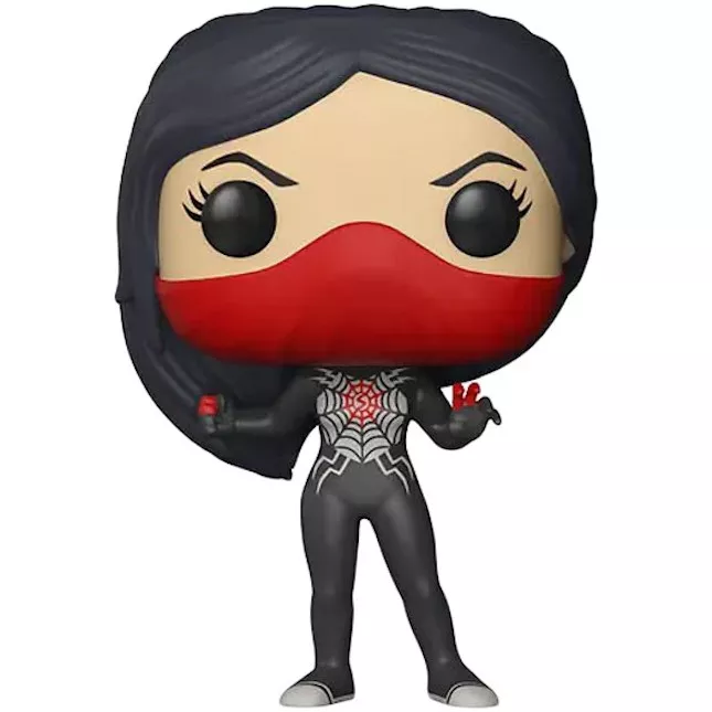 Figurine Funko Pop Silk (n°333), combinaison noire et rouge à toile d'araignée, demi-masque rouge