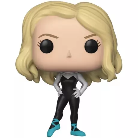 Figurine Funko Pop Spider-Gwen démasquée (n°405), cheveux blonds, combinaison noire et blanche, baskets turquoise