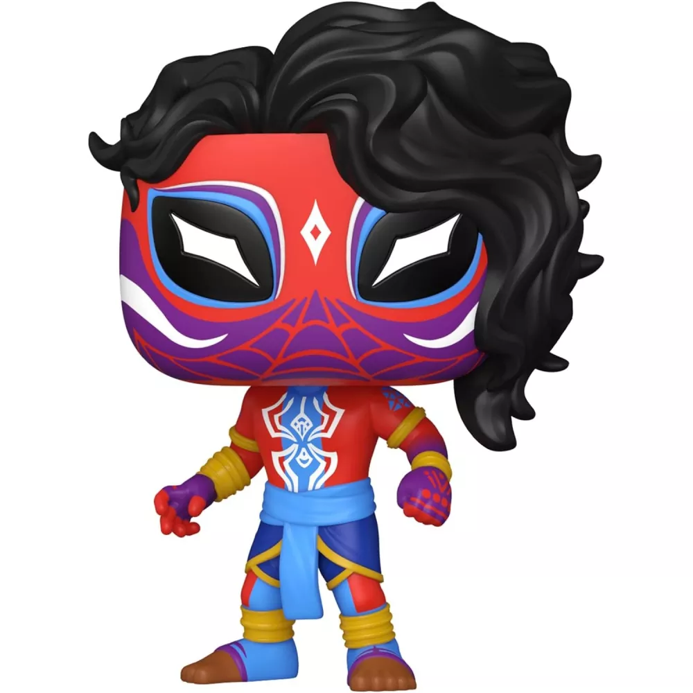 Figurine Funko Pop Spider-Man India (n°1227), masque rouge et violet à motifs indiens, cheveux noirs longs, écharpe bleue