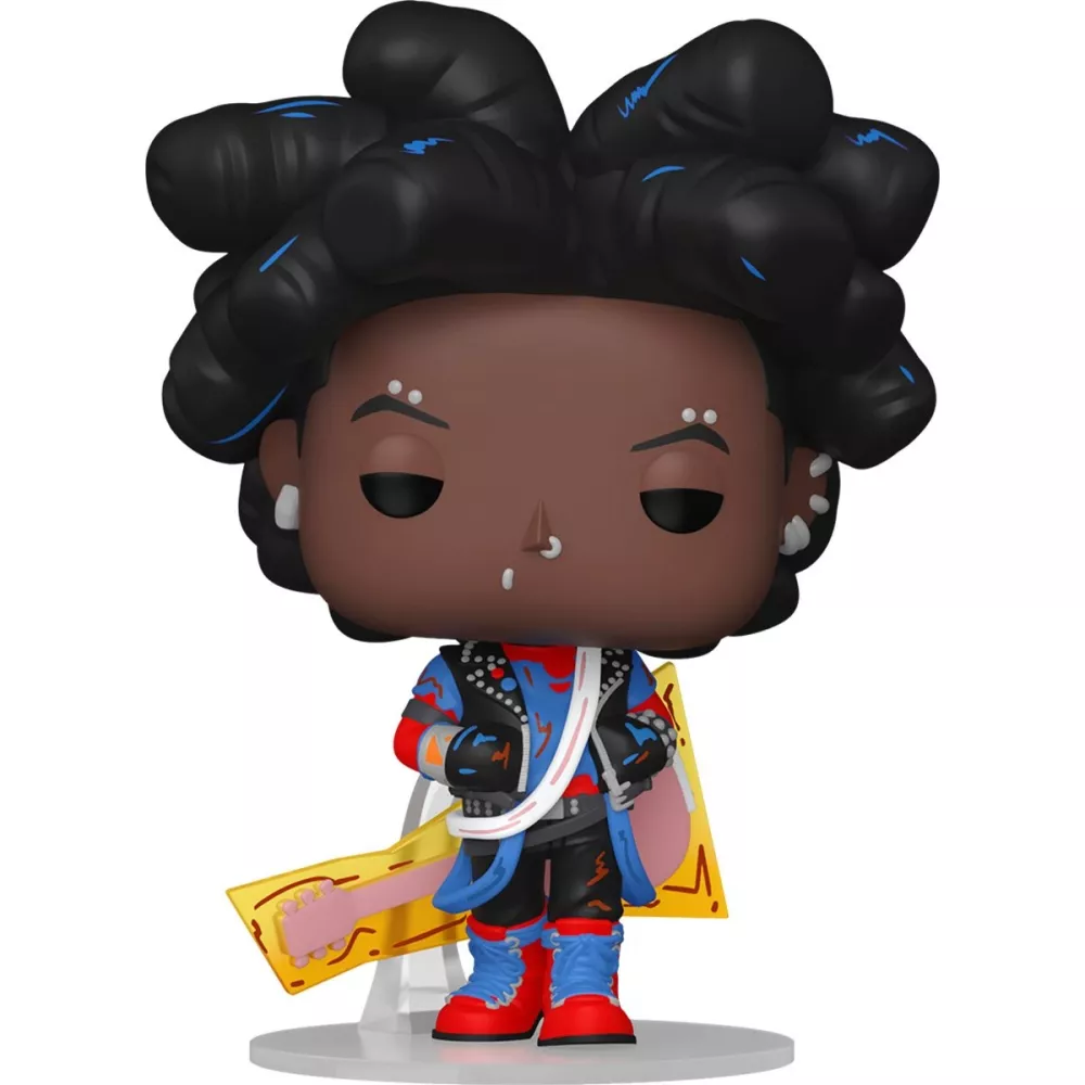 Figurine Funko Pop Spider-Punk démasqué (n°1411), dreadlocks noires à mèches bleues, veste punk cloutée, guitare jaune en bandoulière