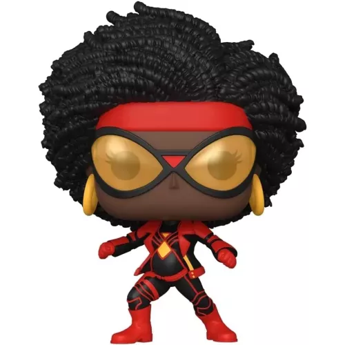 Figurine Funko Pop Spider-Woman (n°1228), cheveux afro, lunettes dorées, costume rouge et noir