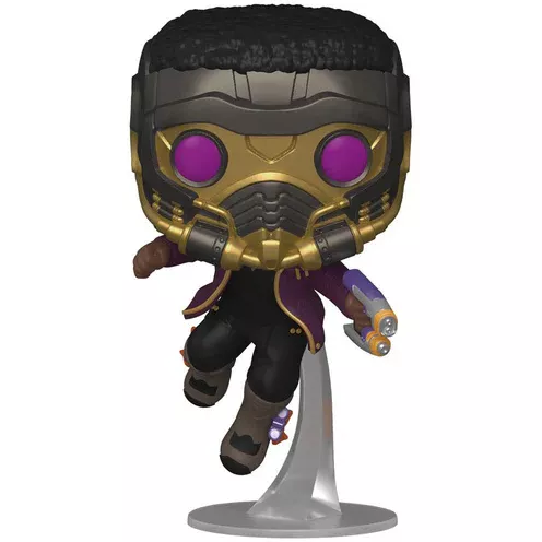 Figurine Funko Pop T'Challa Star-Lord (n°871), masque Star-Lord noir et doré, veste de cuir noire et violette, pistolet en main