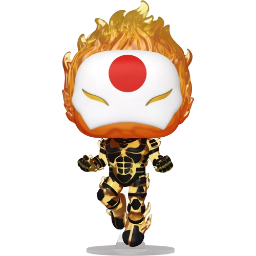 Figurine Funko Pop Sunfire (n°1460), flammes dorées, masque blanc à soleil rouge, armure dorée et noire