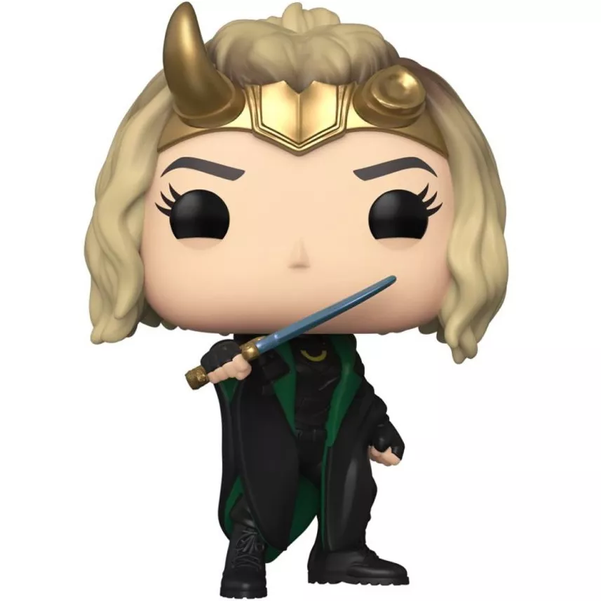 Figurine Funko Pop Sylvie (n°897), couronne cornue dorée, cheveux blonds, manteau noir et vert, dague bleue en main