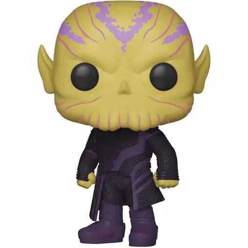 Figurine Funko Pop Talos (n°431), tête de Skrull jaune-vert tachetée de violet, oreilles pointues, manteau sombre