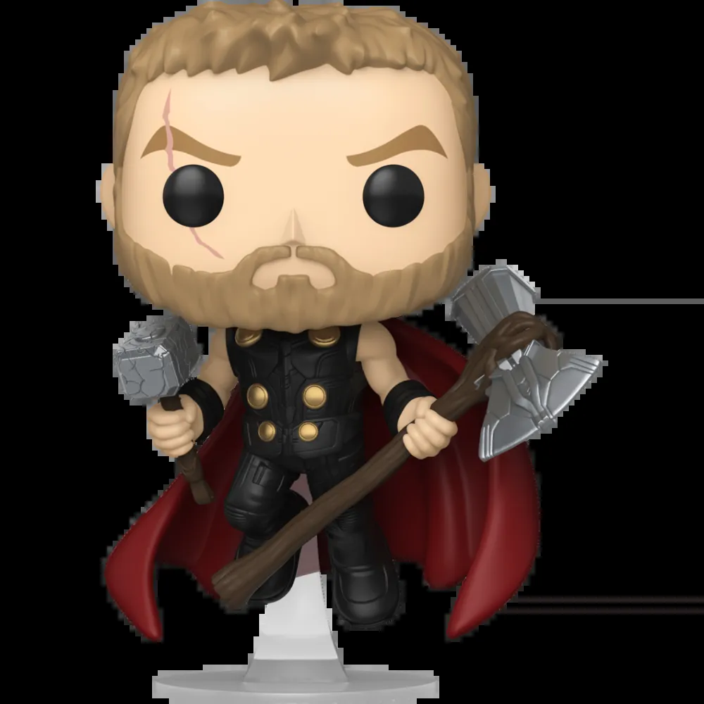 Figurine Funko Pop Thor (n°1637), Mjolnir et Stormbreaker en main, cicatrice à l'œil, cape rouge