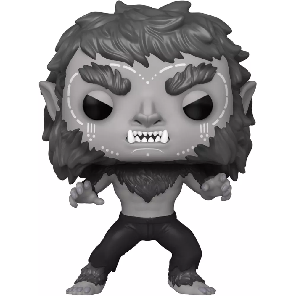 Figurine Funko Pop The Werewolf (n°1273), entièrement en noir et blanc, forme lycanthrope, crocs visibles