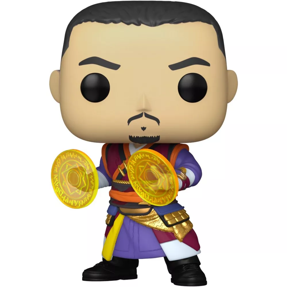 Figurine Funko Pop Wong (n°1001), robes mauve et bordeaux, deux boucliers magiques dorés en main