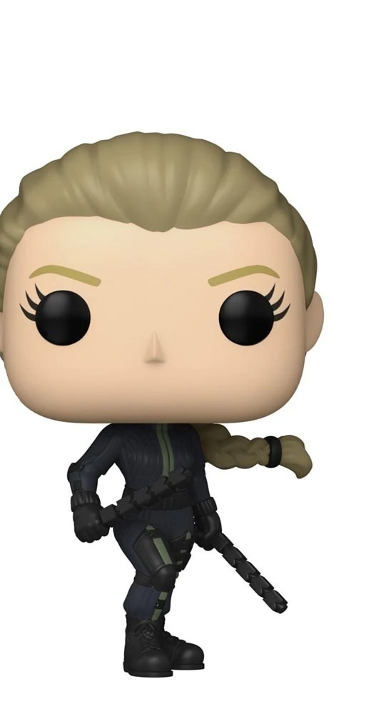 Figurine Funko Pop Yelena (n°1213), cheveux blonds tressés, combinaison tactique sombre, pose de combat