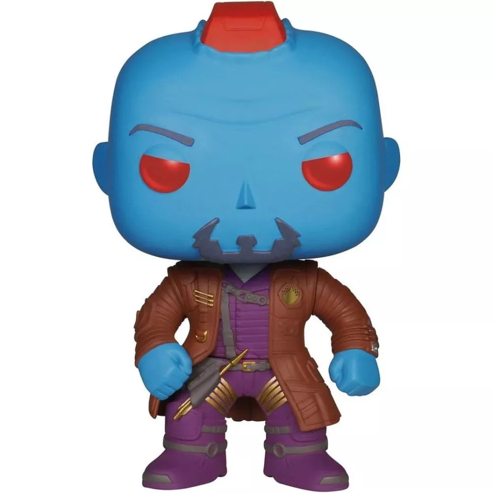 Figurine Funko Pop Yondu (n°74), peau bleue, yeux rouges, manteau Ravageur marron et violet, flèche en main