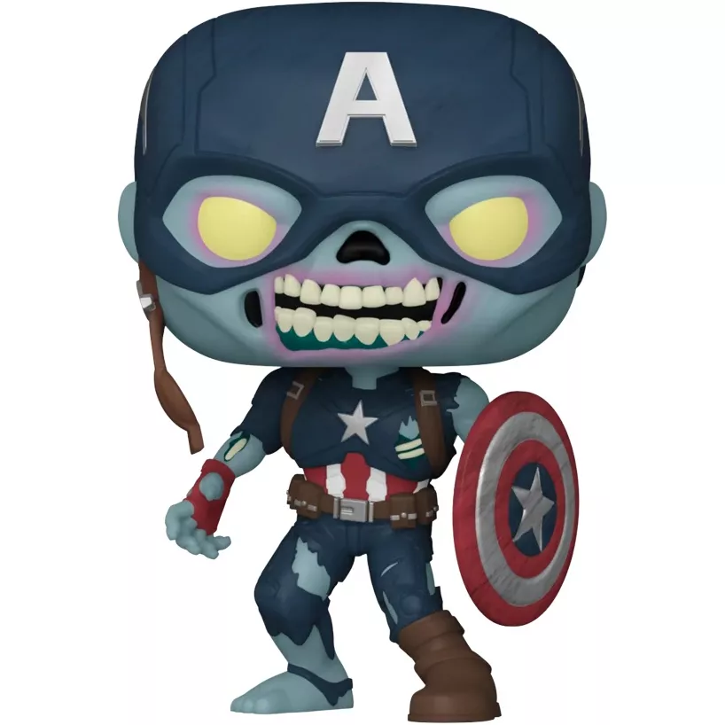 Figurine Funko Pop Zombie Captain America (n°941), visage de zombie décharné, yeux jaunes, costume déchiré