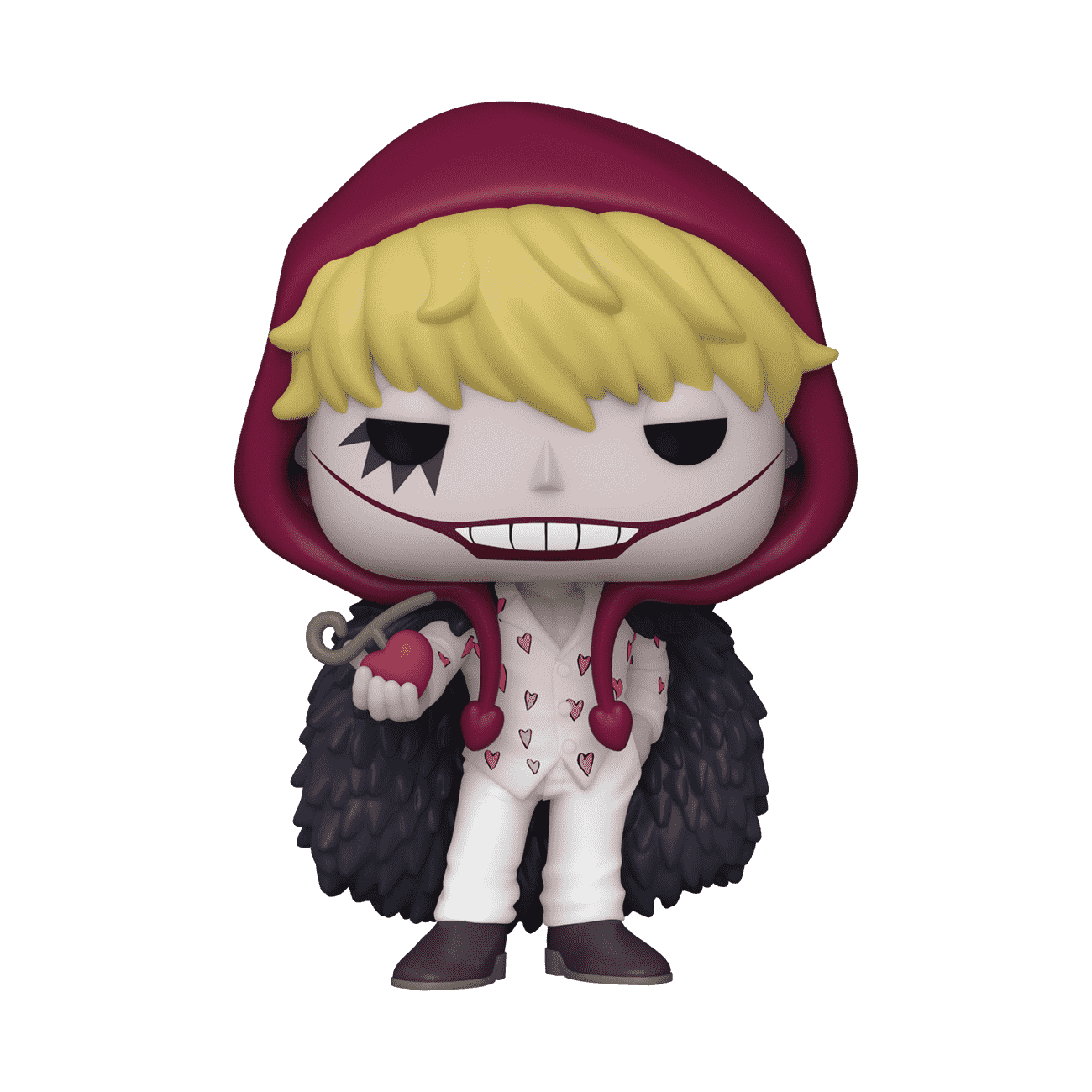 Figurine Funko Pop Corazon (n°1709), capuche rouge à motifs de cœurs, cape à plumes noires