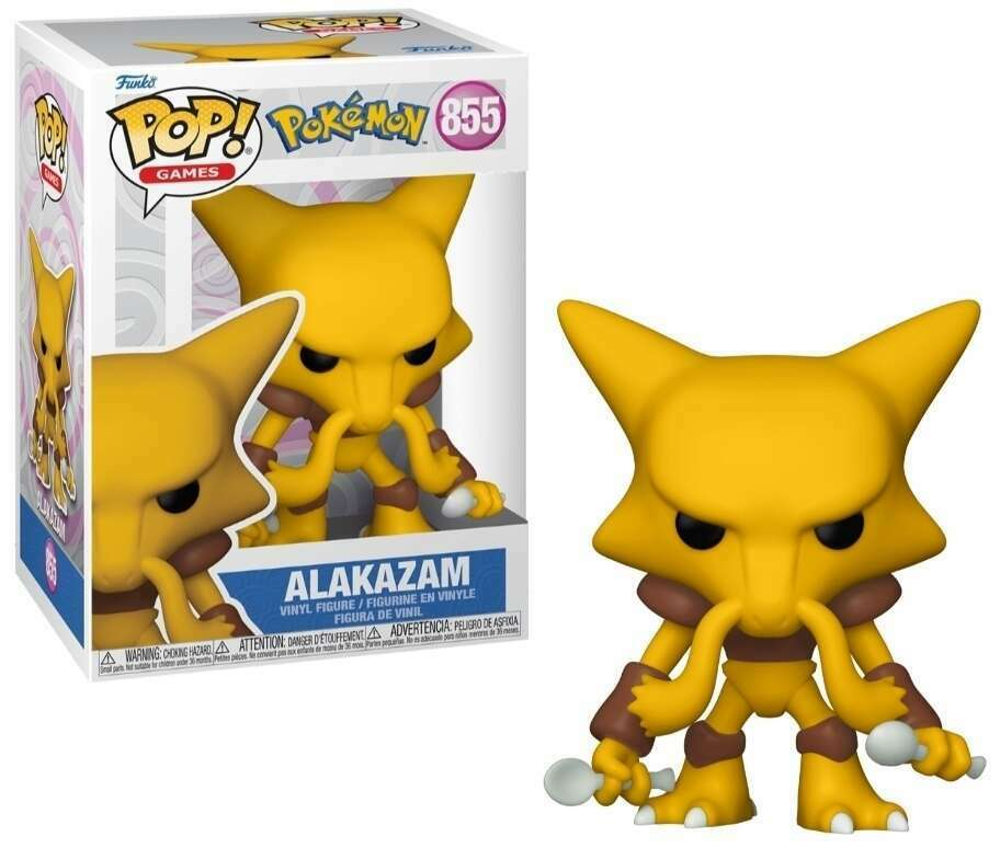 Figurine Funko Pop Alakazam (n°855), silhouette jaune, deux cuillères en argent dans les mains